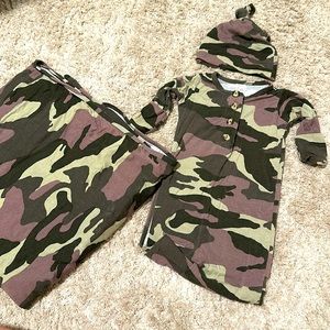 Lou Lou and Co. Roger newborn gown, hat, and swaddle